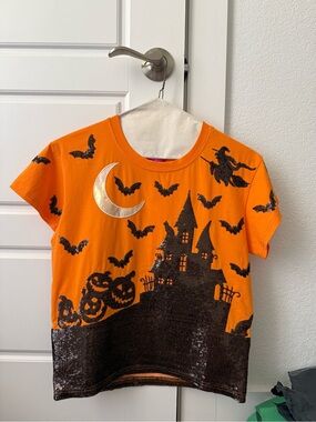 QUEEN OF SPARKLES Orange Halloween Haunted House Tee